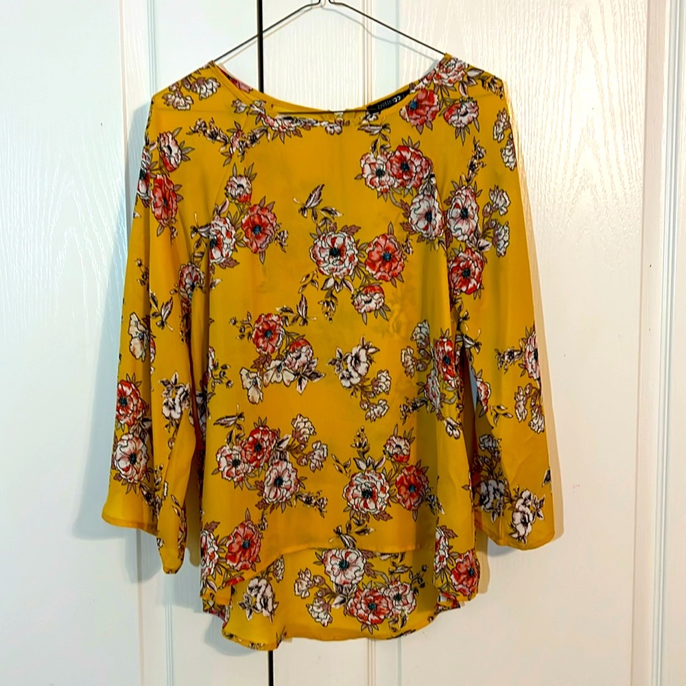 Papermoon Long Sleeve Floral Mustard hi-lo Blouse Sz S